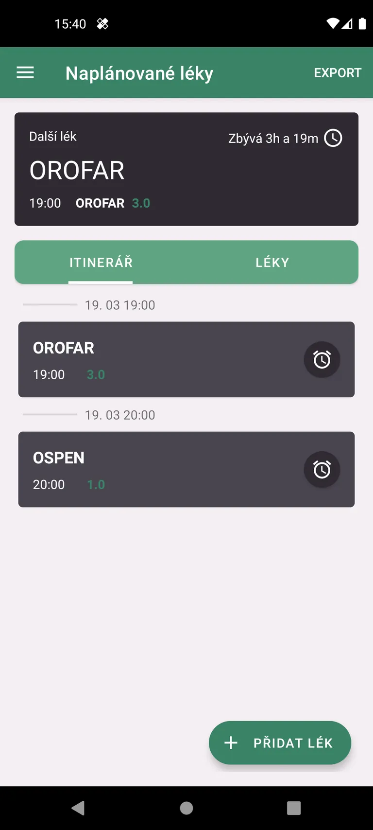 Itinerář dnešních léků